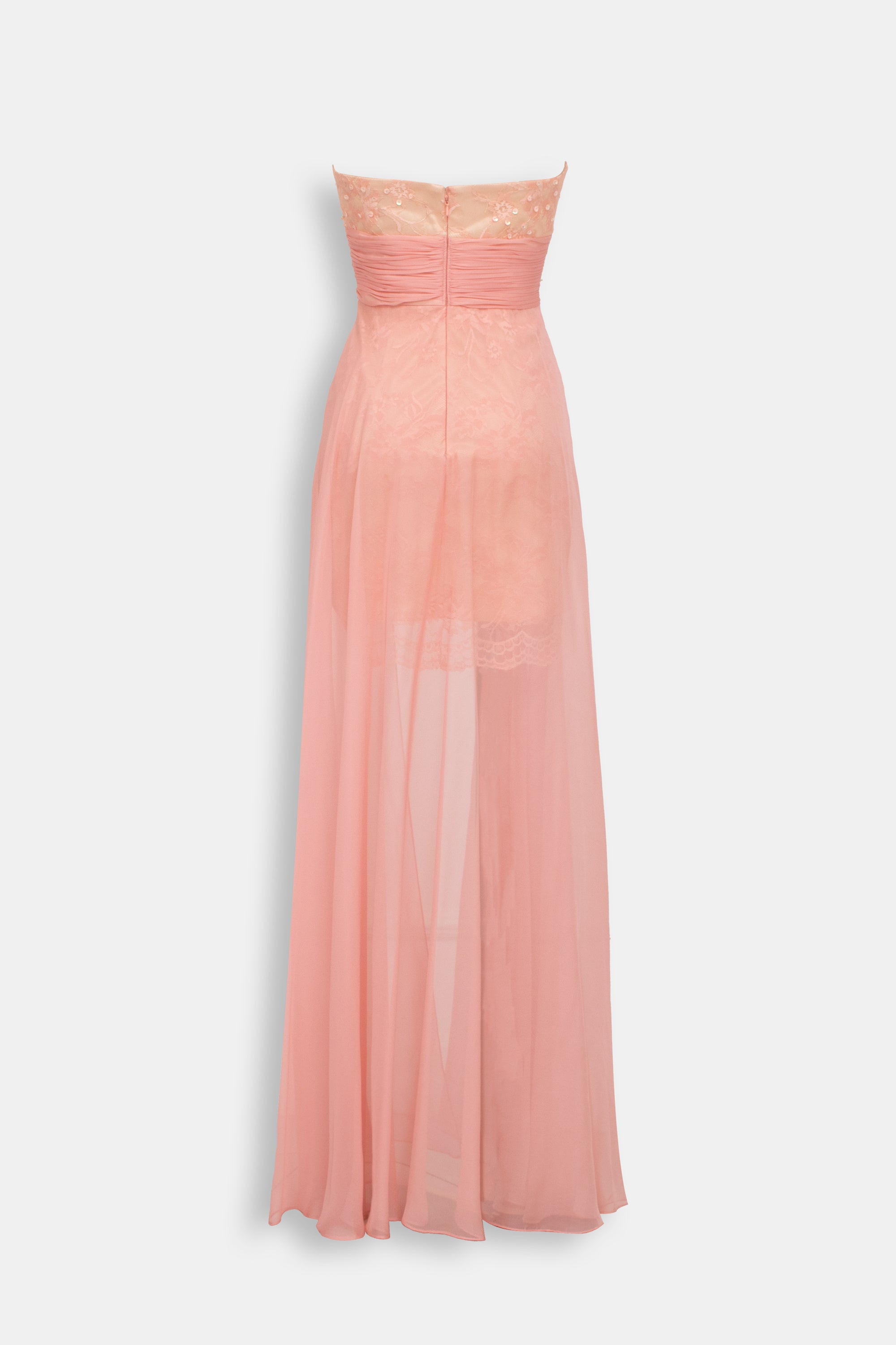 Abito Lungo Rosa Pesca - Bustier Organza Pizzo Gonna Chiffon