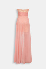 Abito Lungo Rosa Pesca - Bustier Organza Pizzo Gonna Chiffon