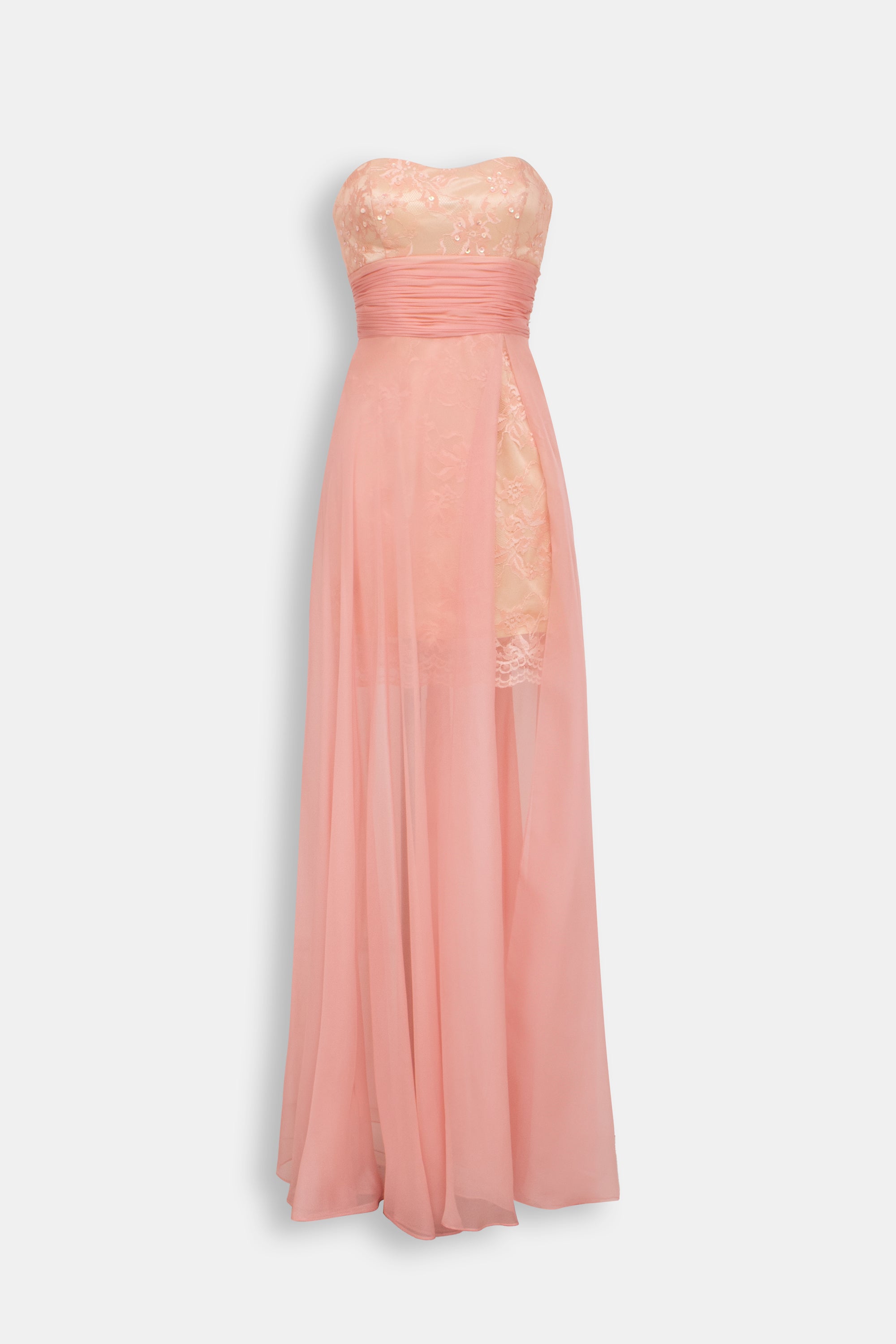Abito Lungo Rosa Pesca - Bustier Organza Pizzo Gonna Chiffon