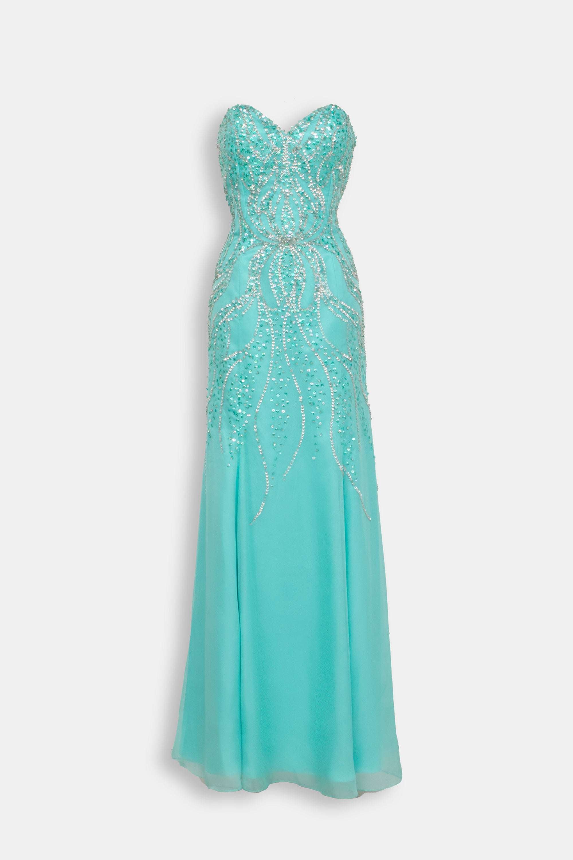 Abito sirena organza ricami strass verde tiffany