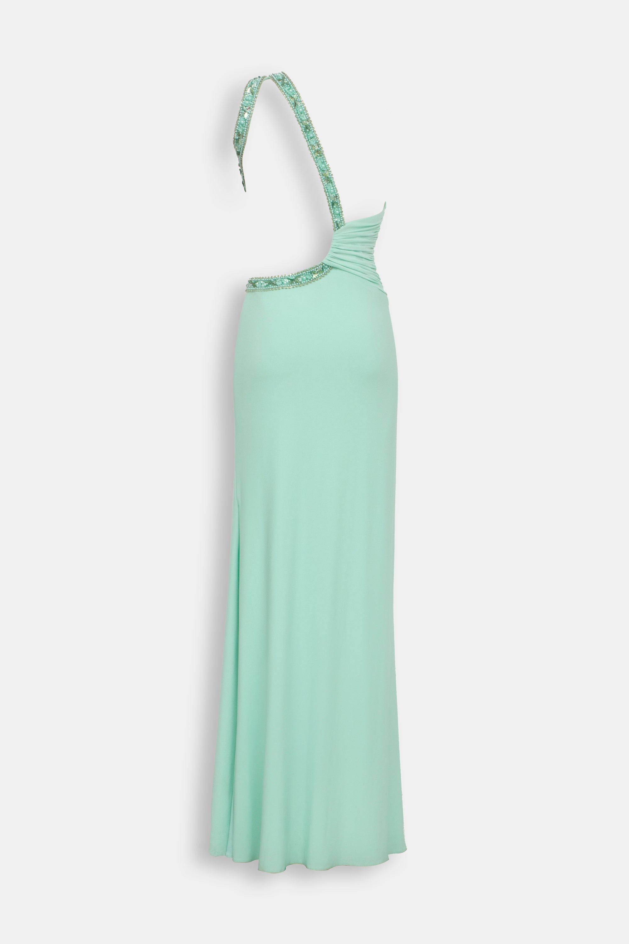 Abito Lungo Sirena Verde Menta - Monospalla Strass Schiena Nuda