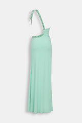 Abito Lungo Sirena Verde Menta - Monospalla Strass Schiena Nuda