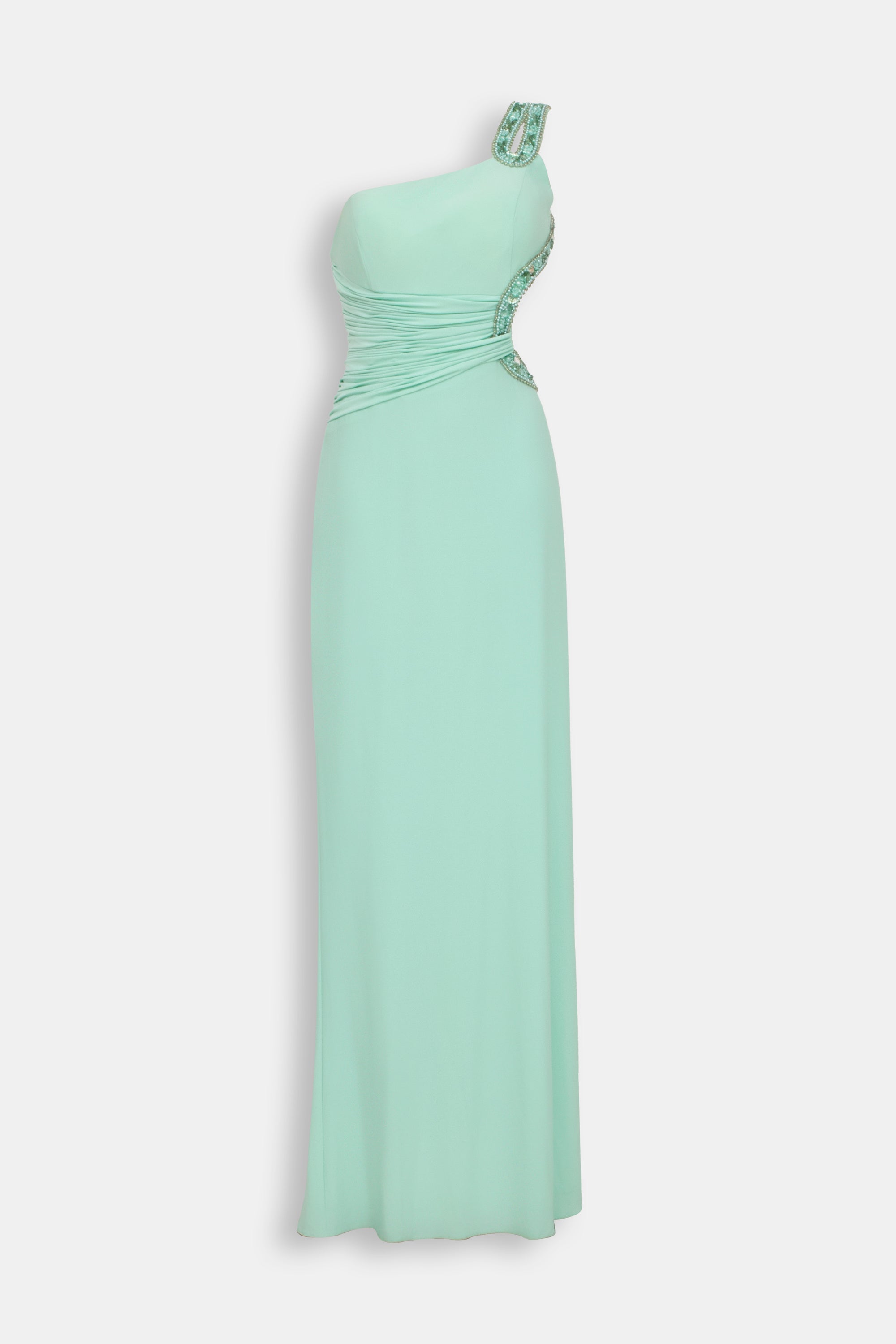 Abito Lungo Sirena Verde Menta - Monospalla Strass Schiena Nuda