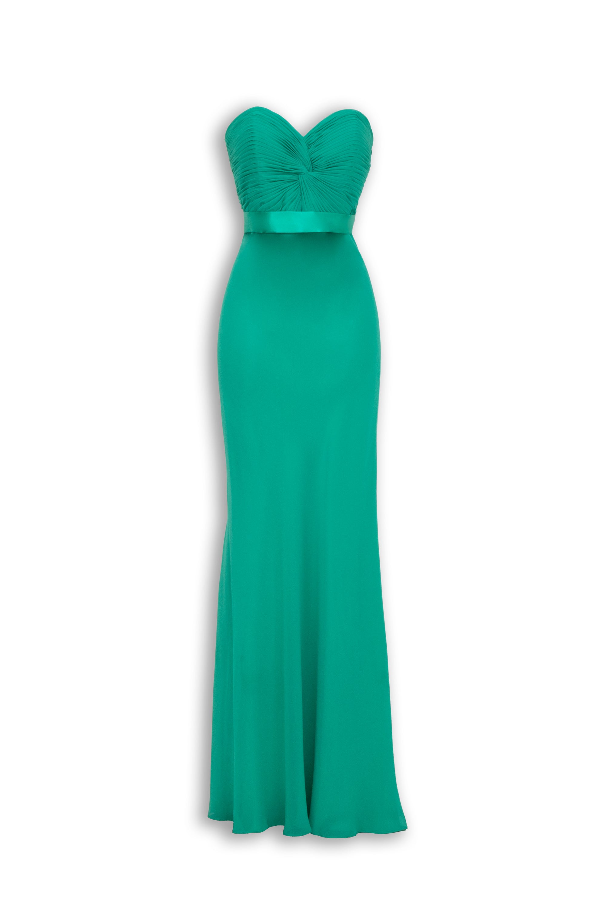 Abito Lungo Chiffon Verde Prato - Bustier Plissettato Scollo Cuore