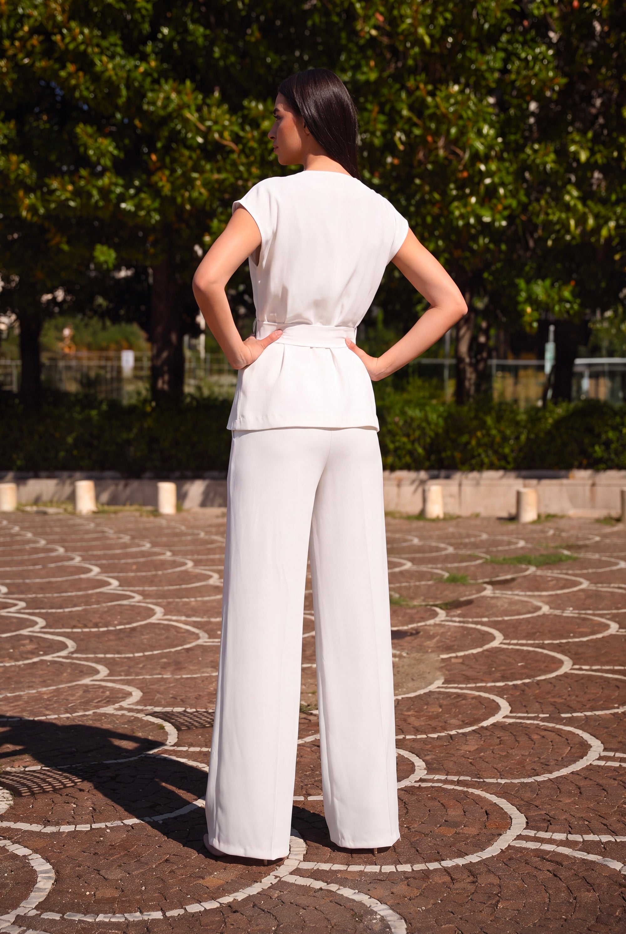 Completo Bianco - Gilet Scollo V Portafoglio Pantalone Palazzo Fluido