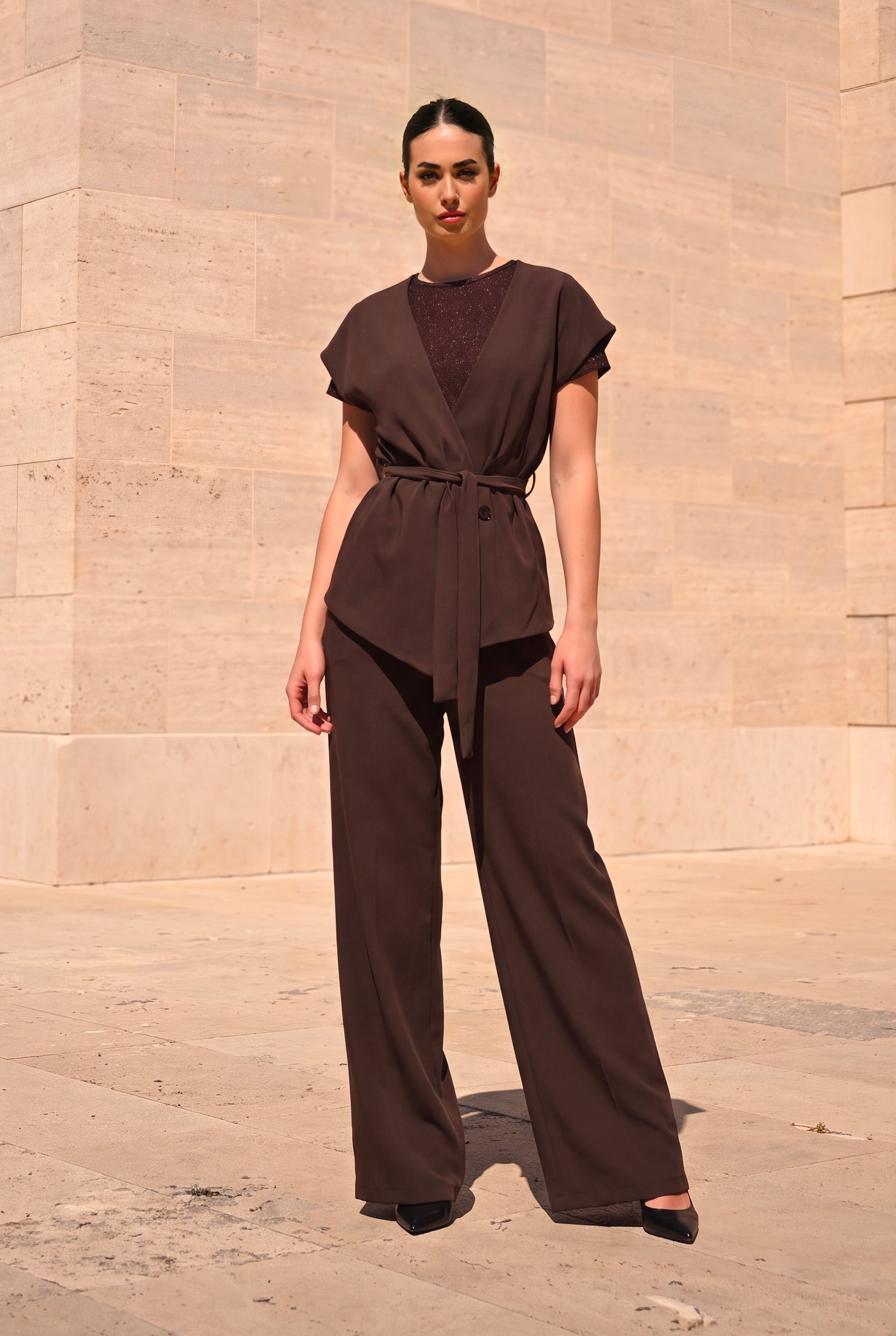 Completo Marrone Cioccolato - Gilet Scollo V Pantalone Palazzo Fluido