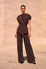 Completo Marrone Cioccolato - Gilet Scollo V Pantalone Palazzo Fluido