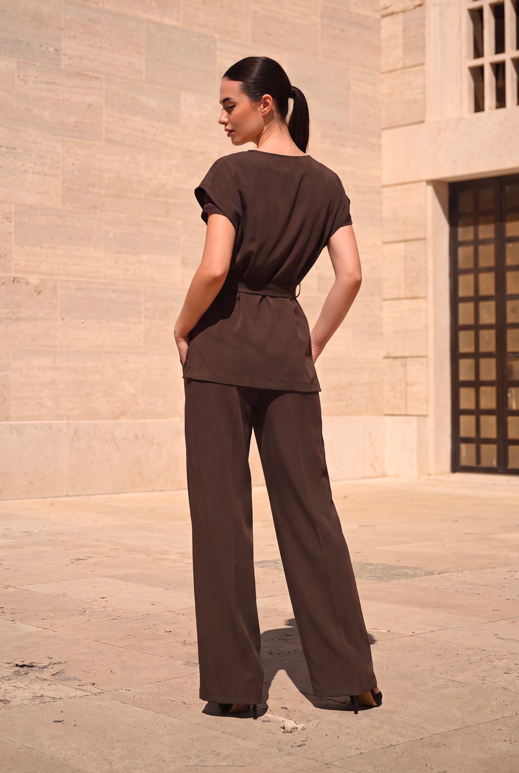 Completo Marrone Cioccolato - Gilet Scollo V Pantalone Palazzo Fluido