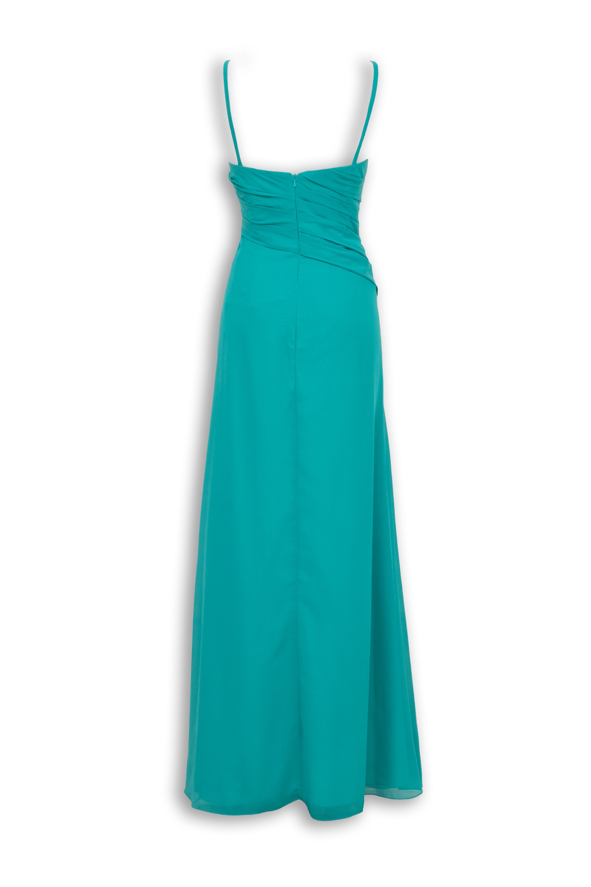 Abito Lungo Chiffon Verde Smeraldo - Spallina Sottile Spilla Strass