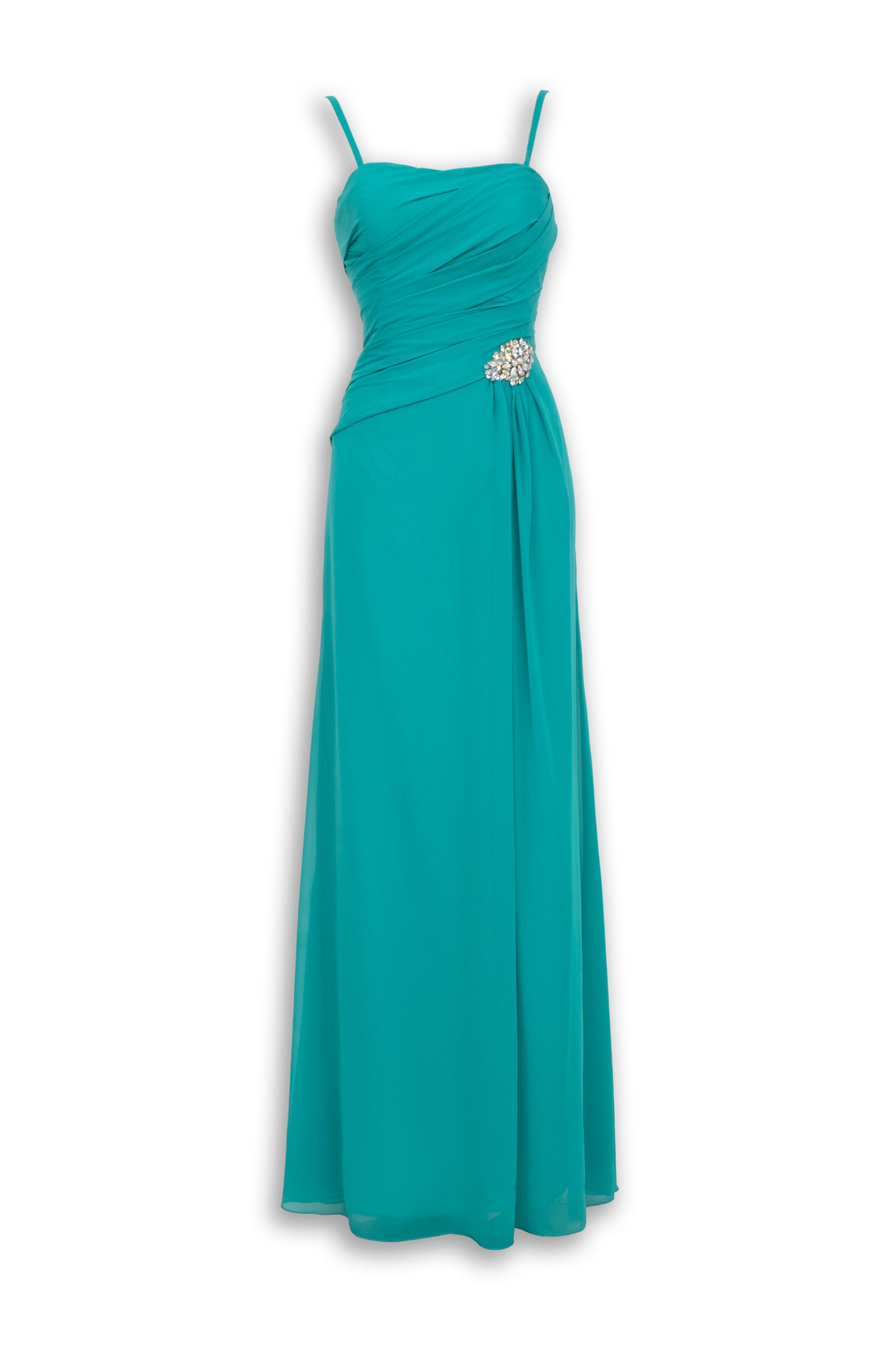 Abito Lungo Chiffon Verde Smeraldo - Spallina Sottile Spilla Strass