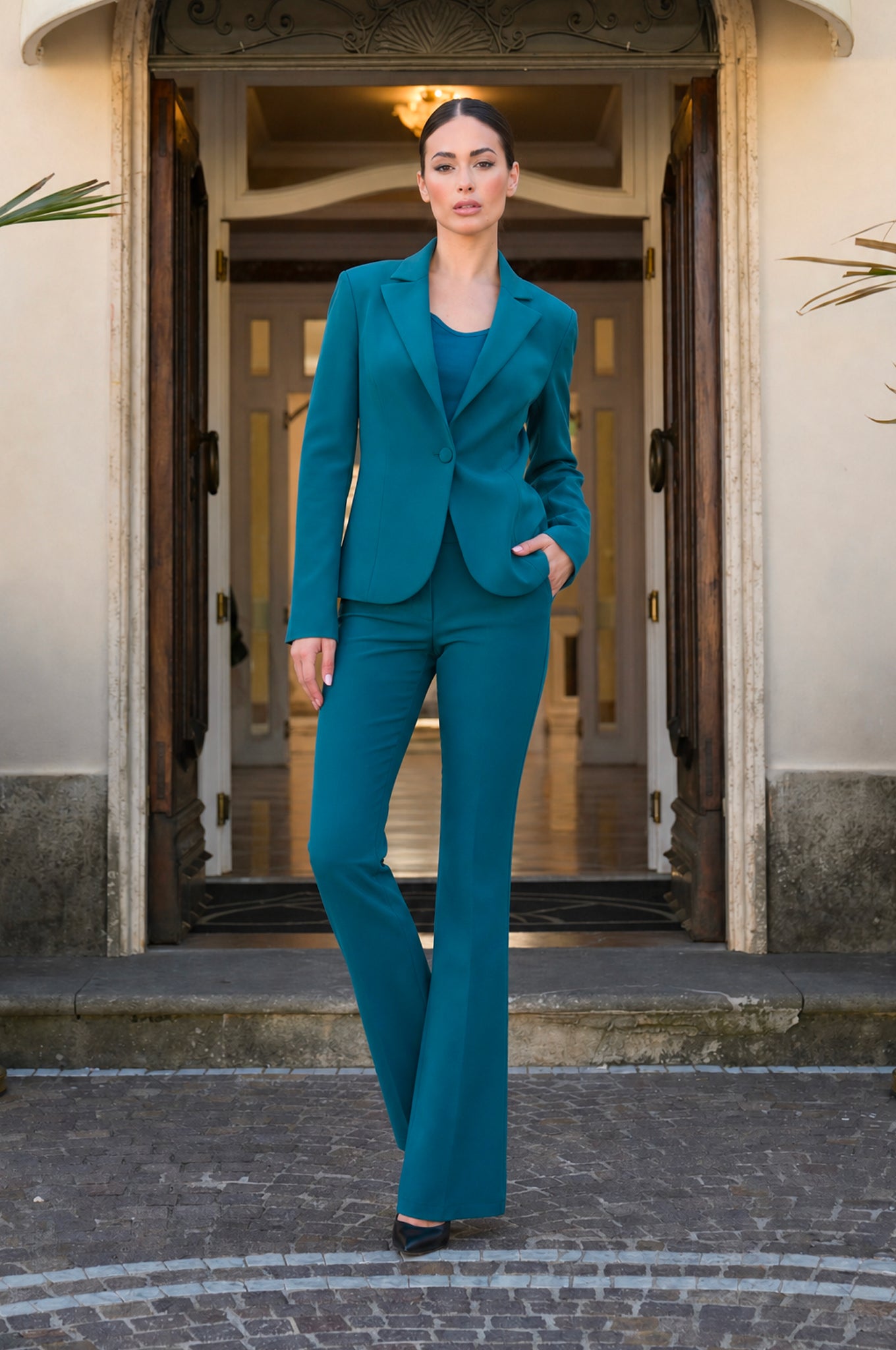 Tailleur Verde Petrolio - Sagomata Monopetto Revers Lancia Manica Lunga