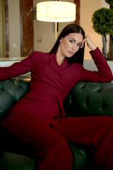 Tailleur Donna Rosso Borgogna – Giacca con Cintura e Pantalone Palazzo