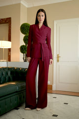 Tailleur Donna Rosso Borgogna – Giacca con Cintura e Pantalone Palazzo