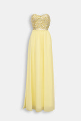 Abito Lungo Giallo Limone - Bustier Strass Scollo Cuore Gonna Chiffon