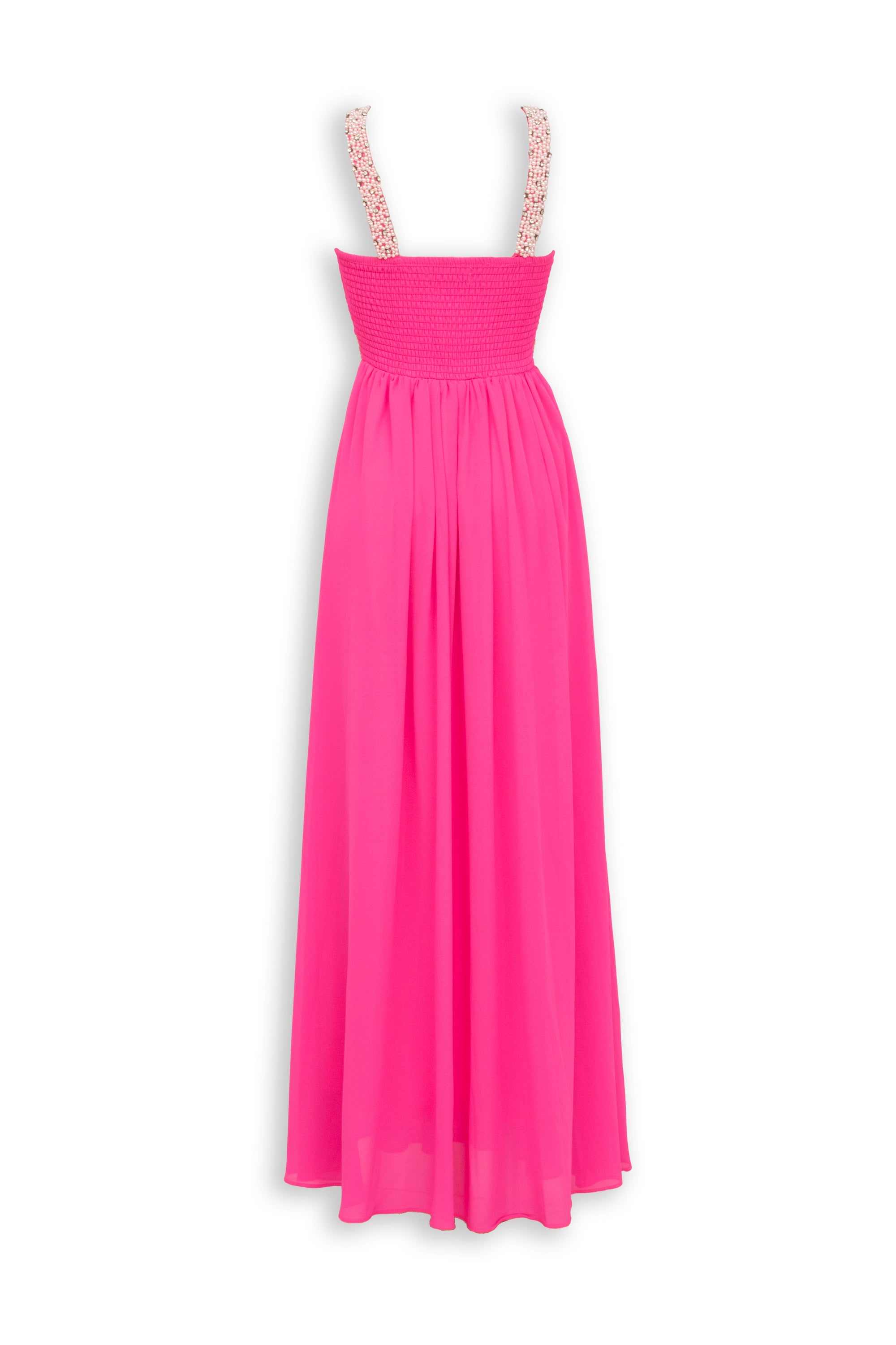 Abito Lungo Fucsia - Collo All'Americana Bretelle Perle Cintura Gioiello