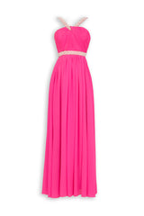 Abito Lungo Fucsia - Collo All'Americana Bretelle Perle Cintura Gioiello