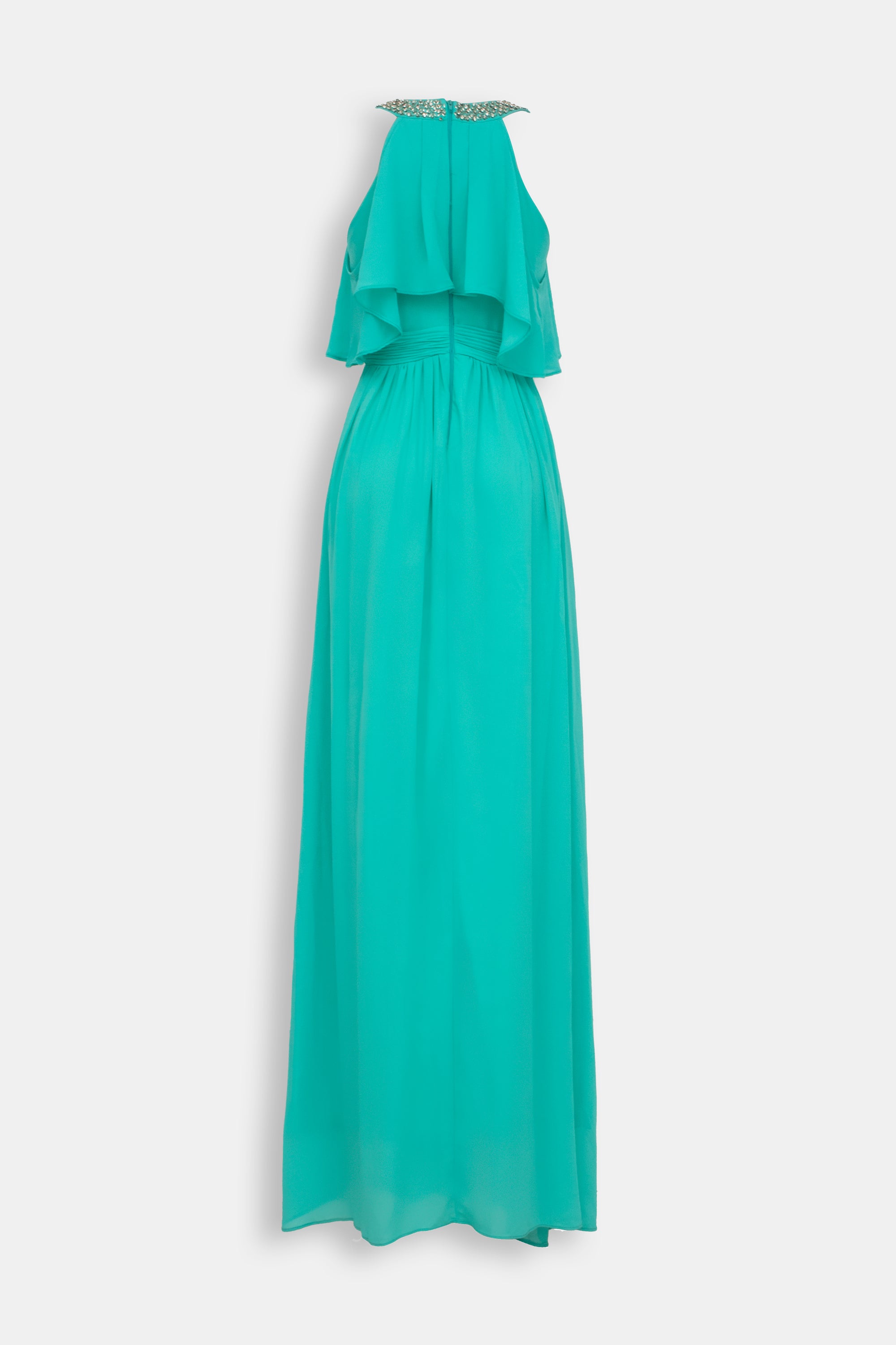 Abito georgette scollo americana ricamo perline verde tiffany