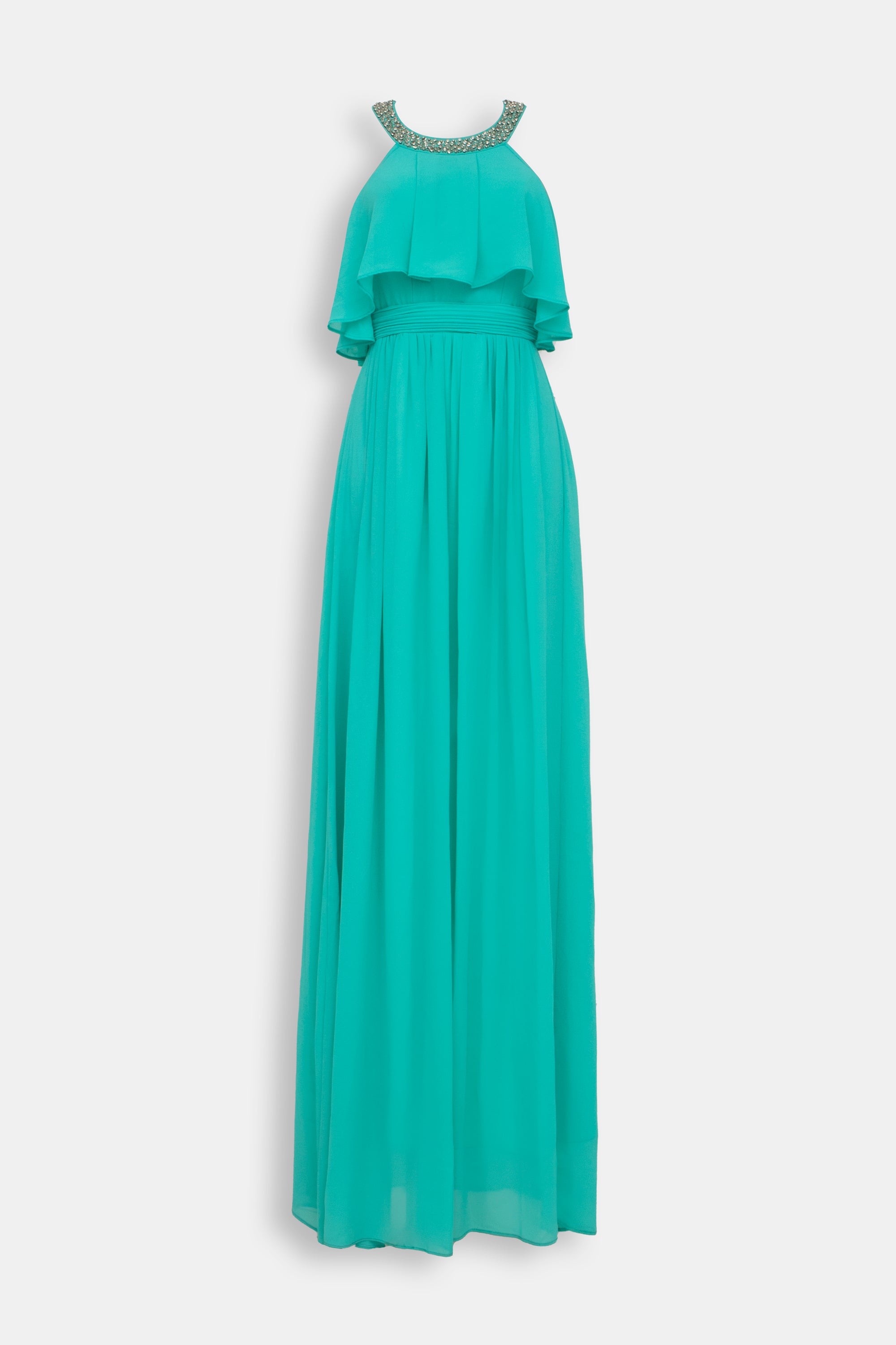 Abito georgette scollo americana ricamo perline verde tiffany