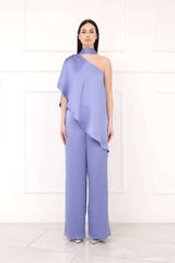 Completo in raso blusa monospalla e pantalone lilla pervinca