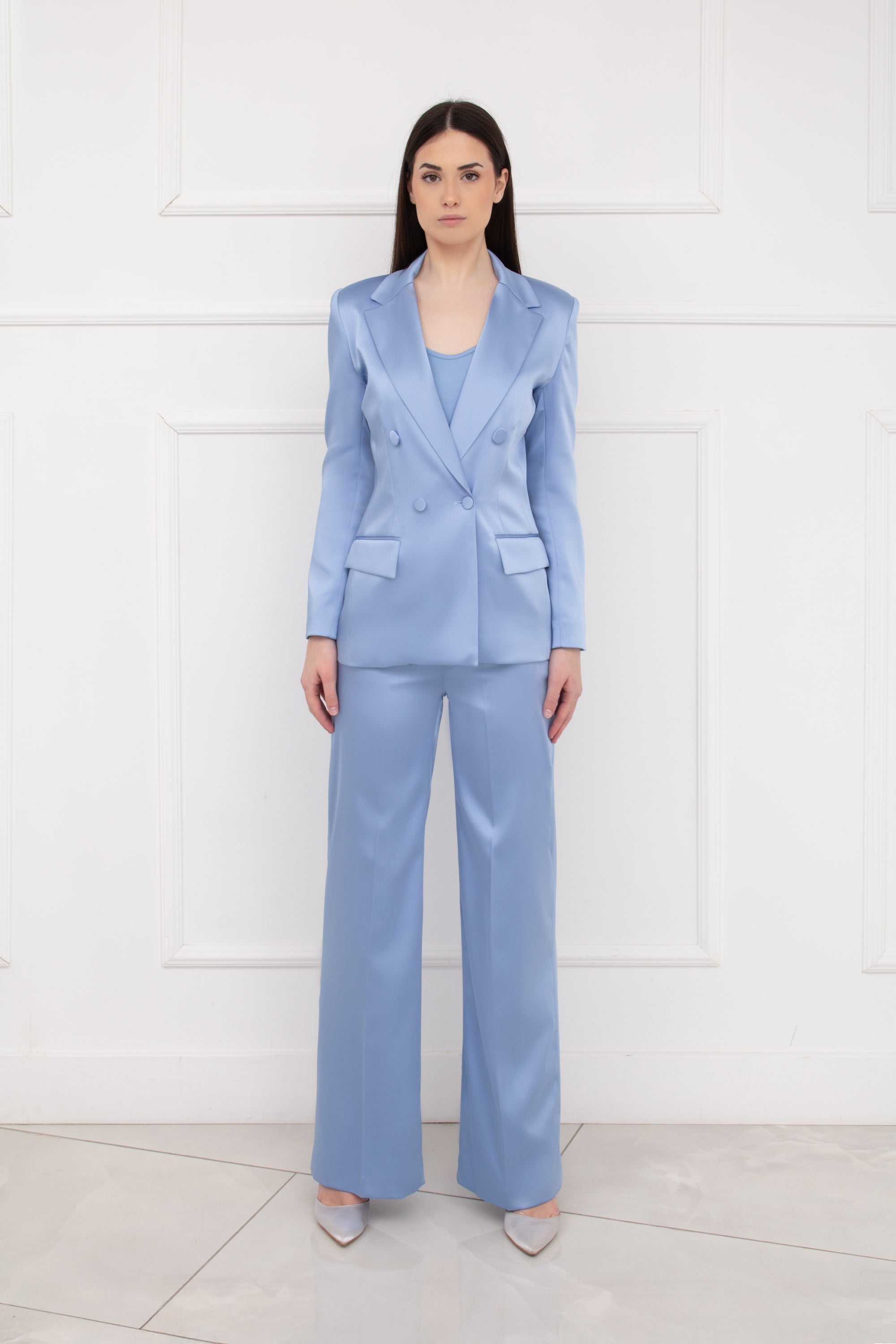 Dusty blue satin double-breasted suit